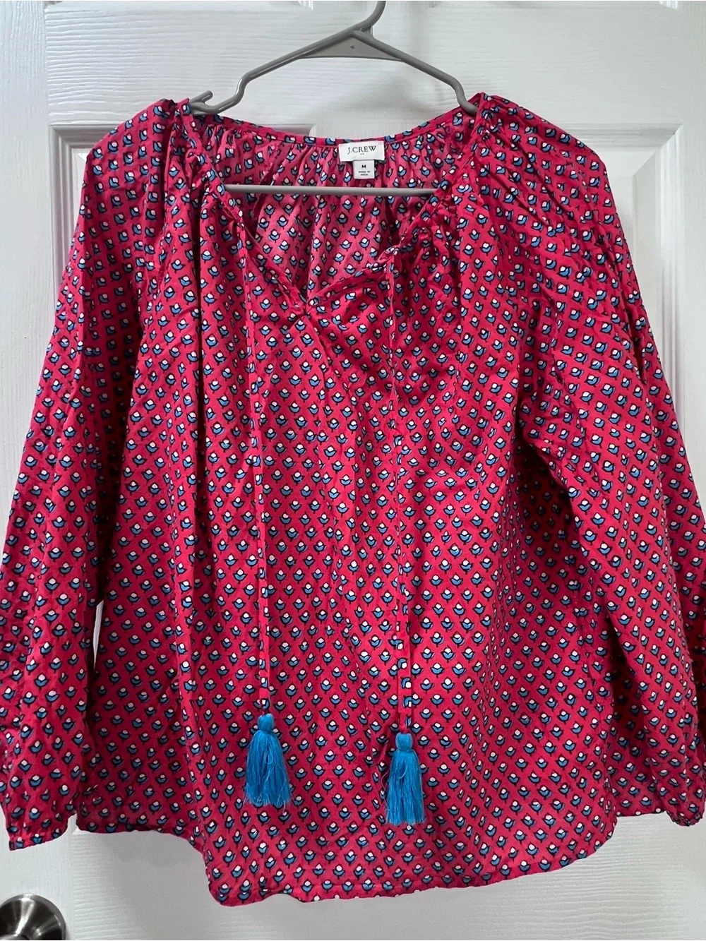 J.CREW Women's Long Sleeve Block Print Puff Sleeve Tunic Cherry Red Coastal M